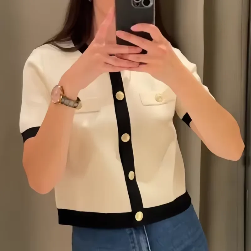 Giacca maglione lavorata a maglia da donna 2024 New Fashion Casual Classic O Neck monopetto a maniche corte Slim elegante Cardigan Coat Top