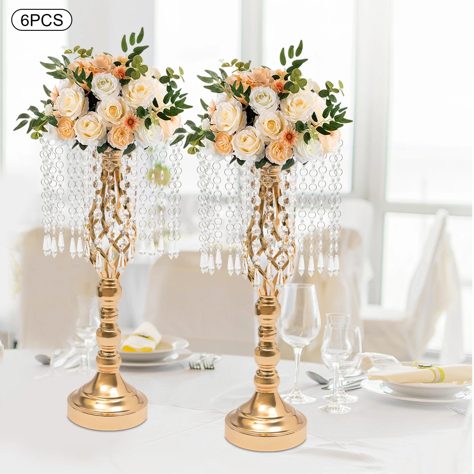 

6 Pieces 49cm Gold Crystal Vase Banquet Table Top Decorative Flower Base High Load-bearing Display Stand with Crystal Tassels
