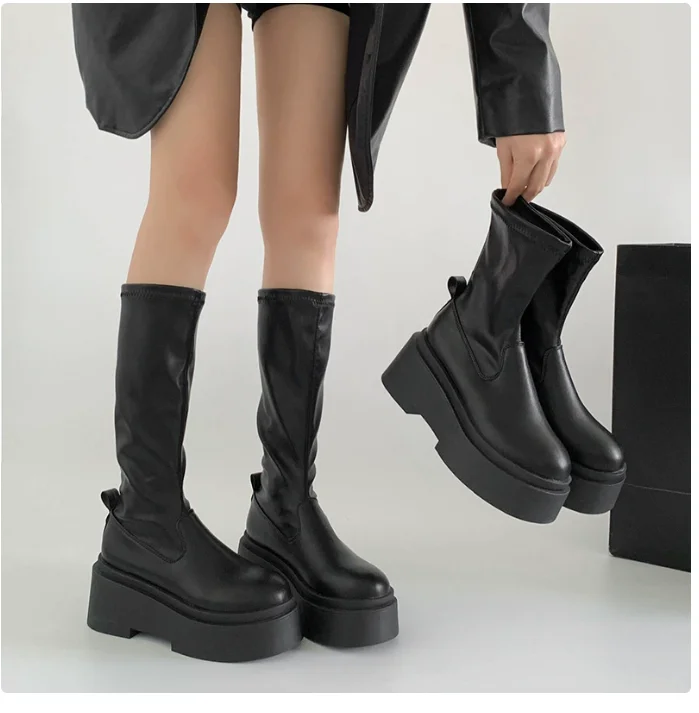 Sexy Fashion Black Spring Autumn Chunky Women Knee High Boots Fashion Slip On Knight Long Bootes Platform Autumn Winter Shoe