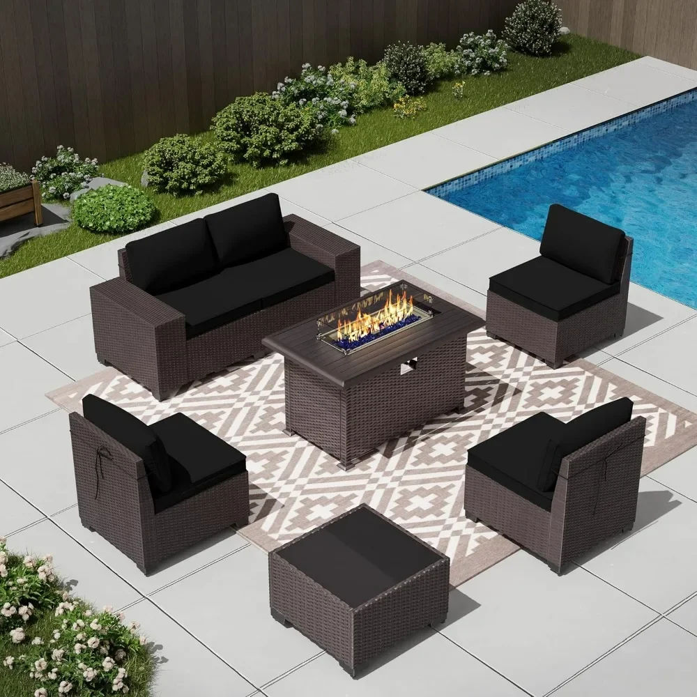 

7 Pieces Outdoor Furniture Patio Sectional Sofa Conversation Sets w/ETL Approved 43" Gas Outdoor Fire Table & Coffee Table