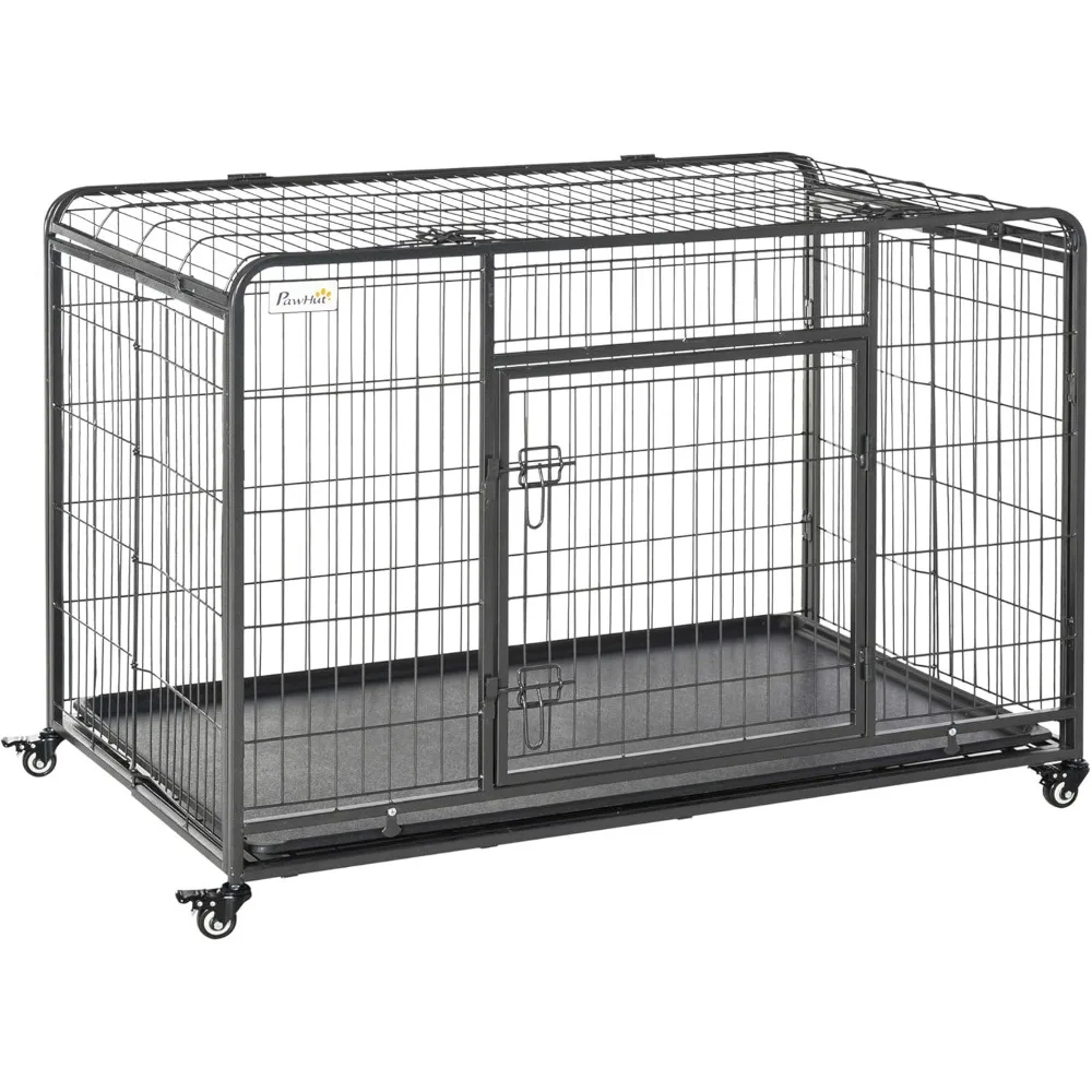 Folding Design Heavy Duty Metal Dog Cage Crate & Kennel with Removable Tray and Cover, & 4 Locking Wheels, Indoor/Outdoor