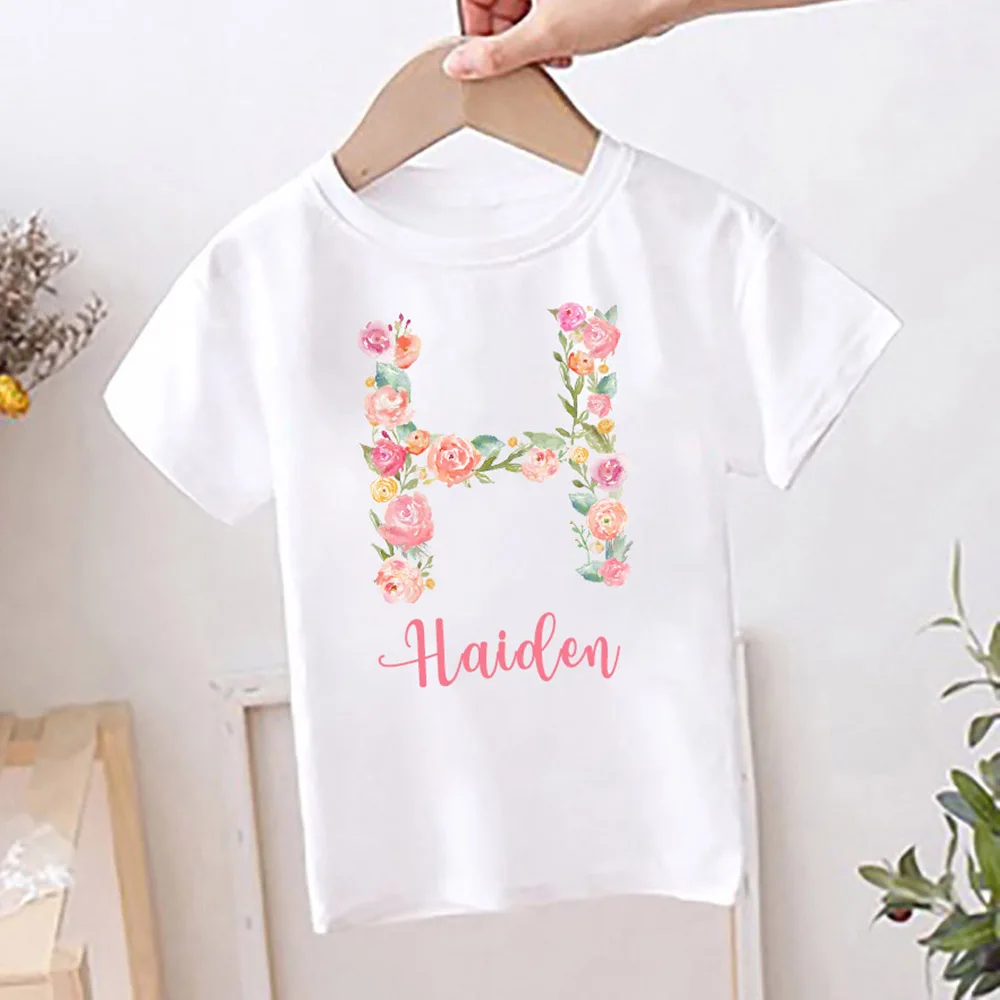 Personalised Flower Letter Print Kids Birthday T-shirt Child Custom Name Clothes Tops Girls Shirt Birthday Party Present T Shirt