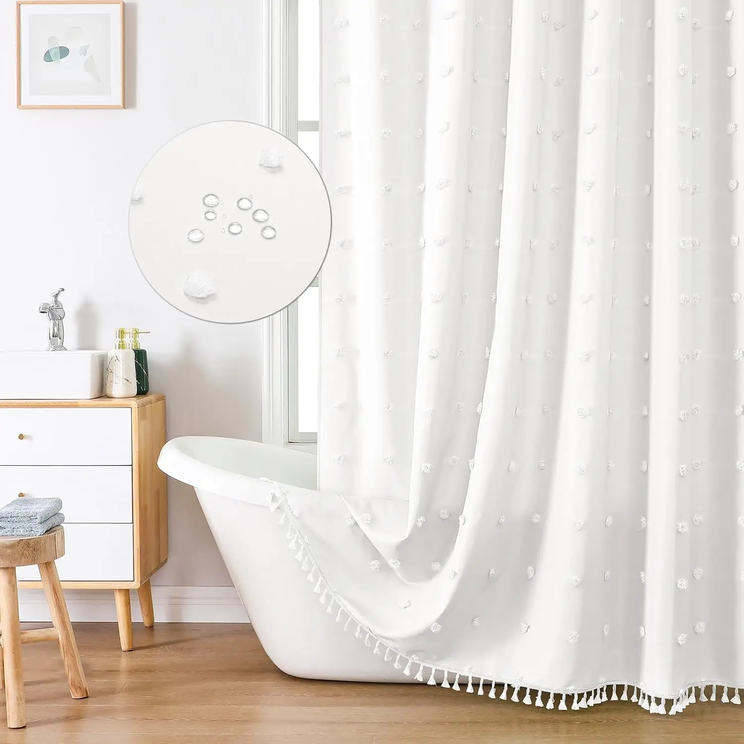 

Boho Farmhouse White Fabric Shower Curtain, 72x72 Tufted Pleat Floral Puffs Textured Tassel Cute Rustic Vintage Bathroom Decor