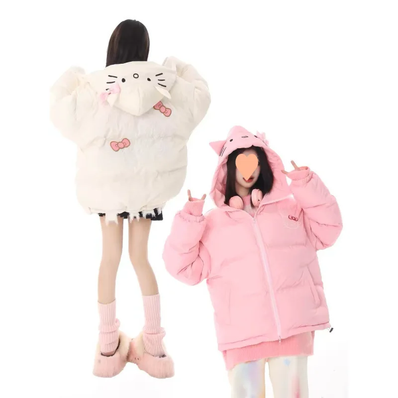 American Hello Kitty Cute Cartoon Embroidered Hooded Down Coat Y2k Sweet Zipper Cotton Jacket Women's Casual Versatile Clothes