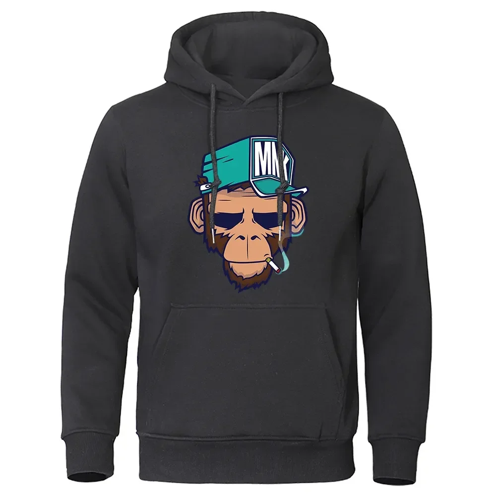 Mens Fashion Warm Sweatshirt Hip Hop Hoodies Casual Fleece Streetwear Spring Autumn New Hoody Smoking Monkey