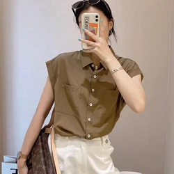 Khaki Elegant Short Sleeve T-Shirt Chic Loose Urbane Casual Design Aesthetic Beautiful Woman Blouse Summer Clothing 2022 New