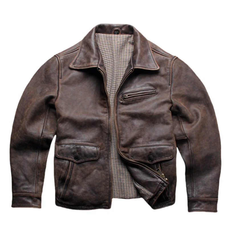 

Dark Brown Autumn Leather Jacket Men Vintage Style Plus Size 5XL Genuine Natural Cowhide Turn-Down Collar Leather Coat