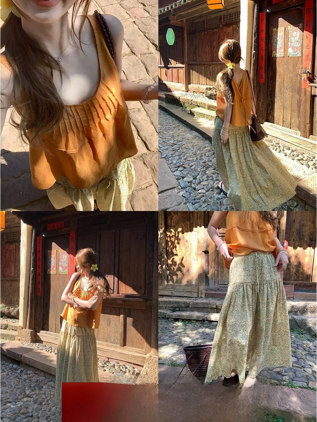 

Оранжевый комплект из двух предметов: жилет А-силуэта с эффектом пузырьковой ткани и кружевом, и свободная верхняя одежда для женщин