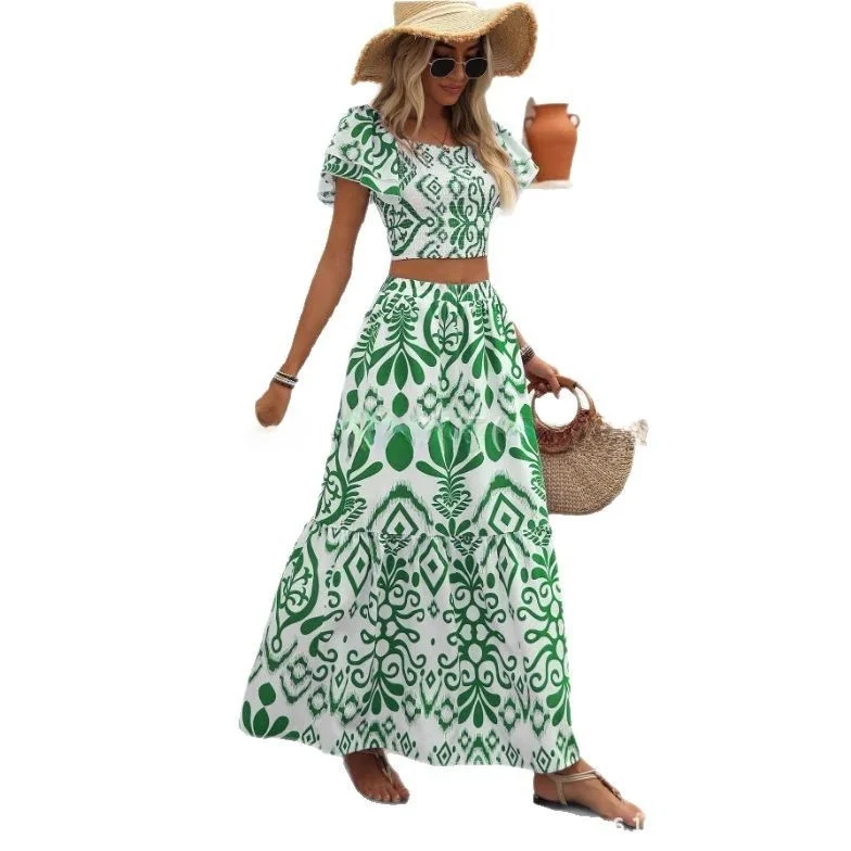 

Лето 2023, ортопедический длинный комплект с v-образным вырезом и принтом, женский модный повседневный костюм-двойка, четырехсезонная одежда