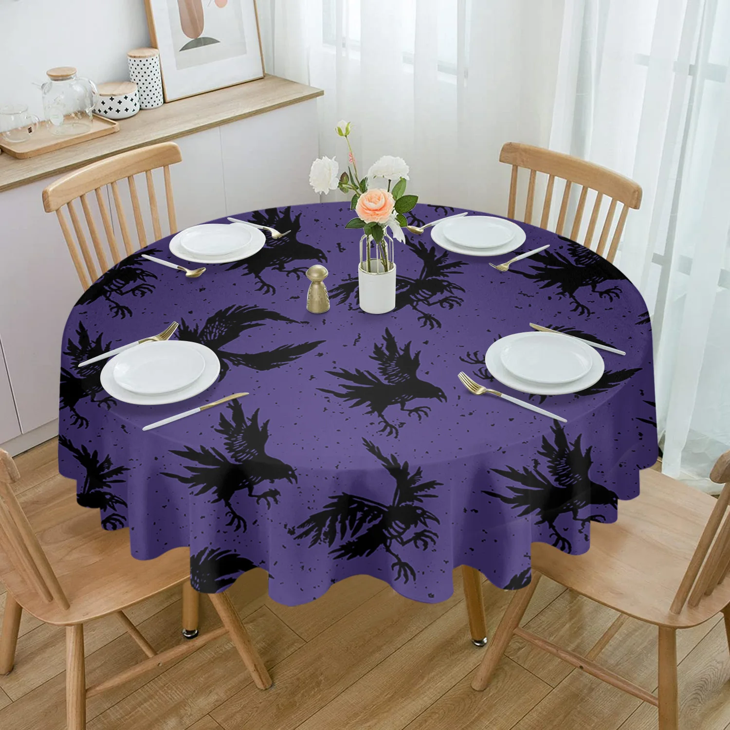 Halloween Crow Silhouette Purple Tablecloths for Dining Table Waterproof Rectangular Table Cover for Kitchen Living Room