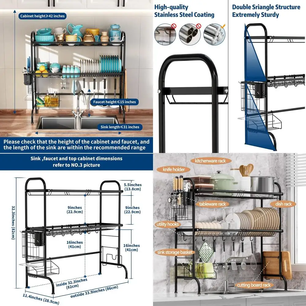 

Expandable 2-Tier Stainless Steel Over-Sink Dish Rack with Utensil Holder, 32.3-33.9L x 11.4W x 32.3H, Black