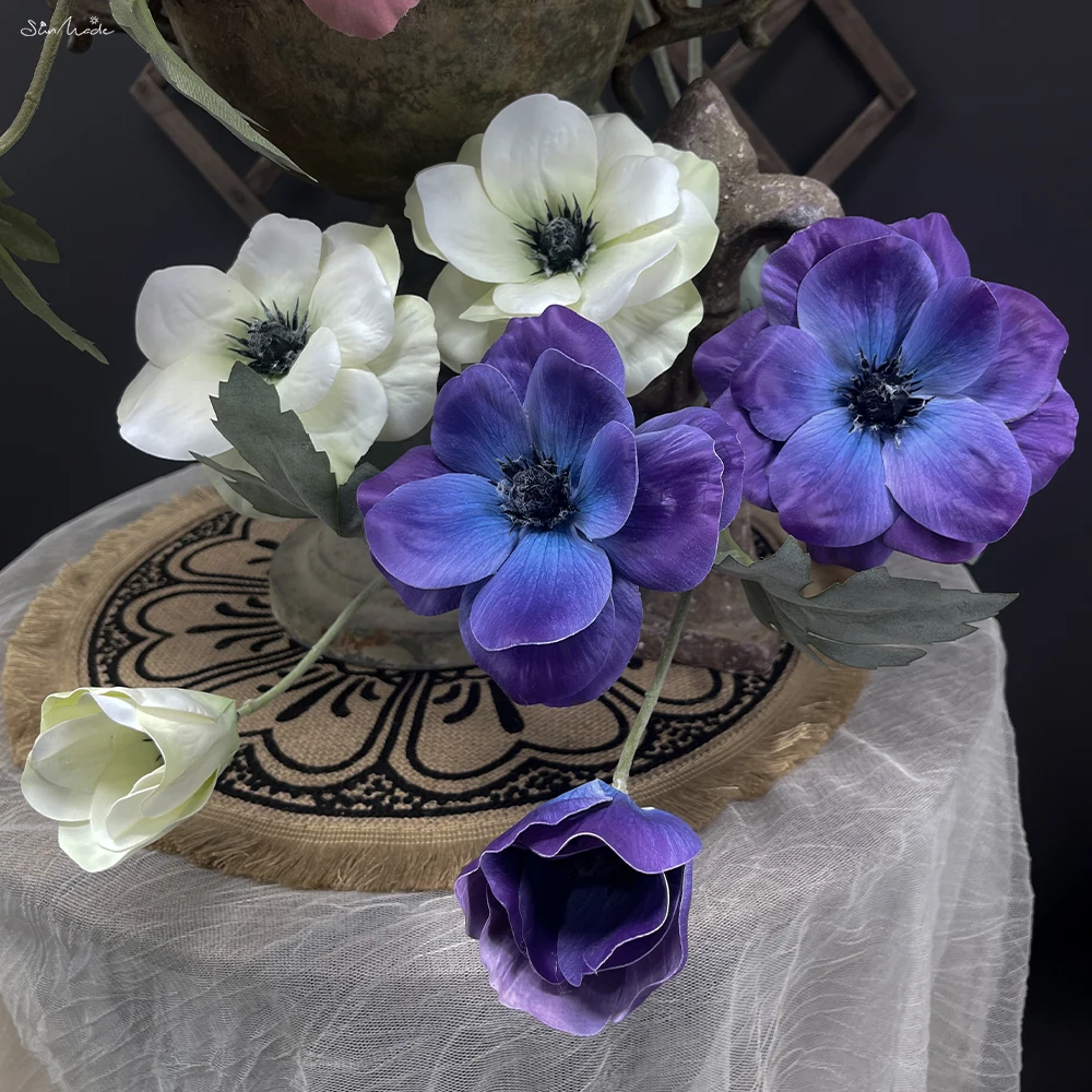 SunMade New Luxury Classical 3 Heads Anemone Branch Fake Flowers Home Wedding Decoration Fall Decor Blue Flores Artificiales