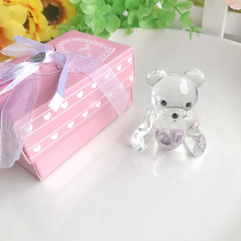 Bear Figurines with Blue and Pink Heart for Boys and Girls, Crystal Collection, Baby Shower Favors, 6PCs Choice