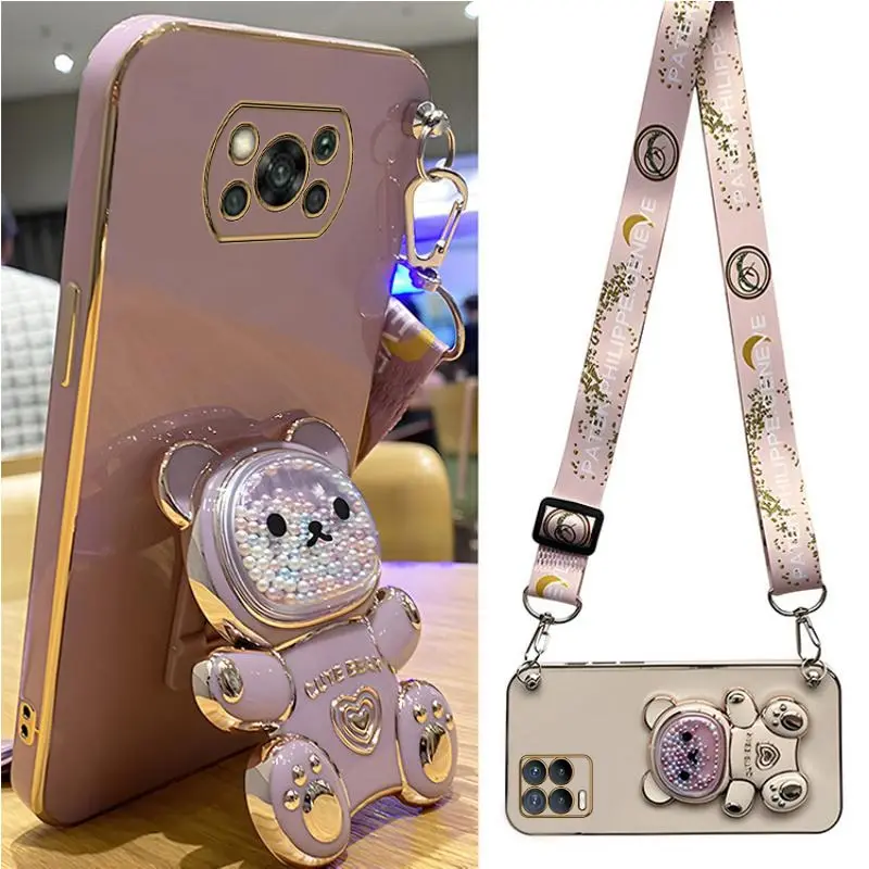 Quicksand Bear Holder Lanyard Phone Case For Xiaomi Mi Poco X3 Nfc X4 X5 Pro C40 M4 Pro 4G 5G M3 M5 F3 F4 GT Strap Stand Cover