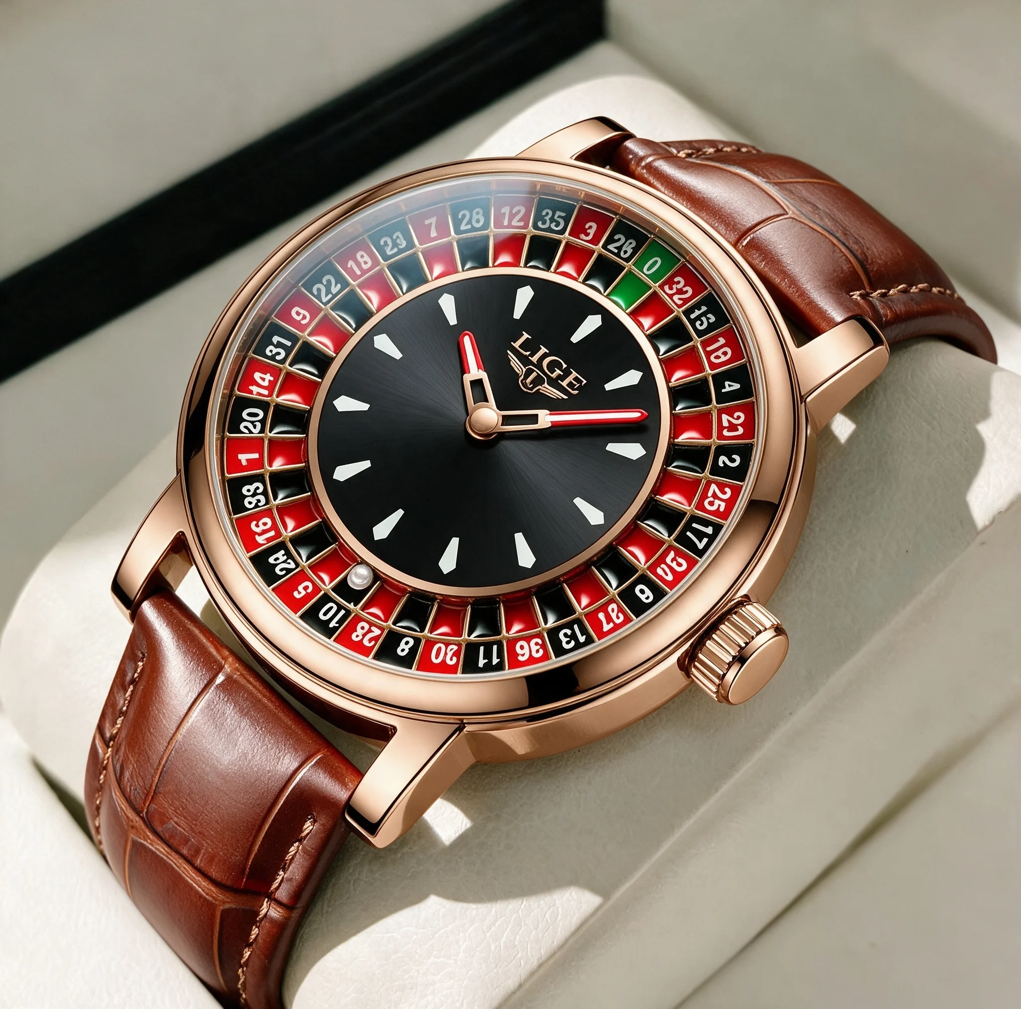LIGE Fashion Brown Leather Men Watch Rotating Dial Las Vegas Roulette Desktop Theme Watch Men Waterproof Luminous Clock Watches