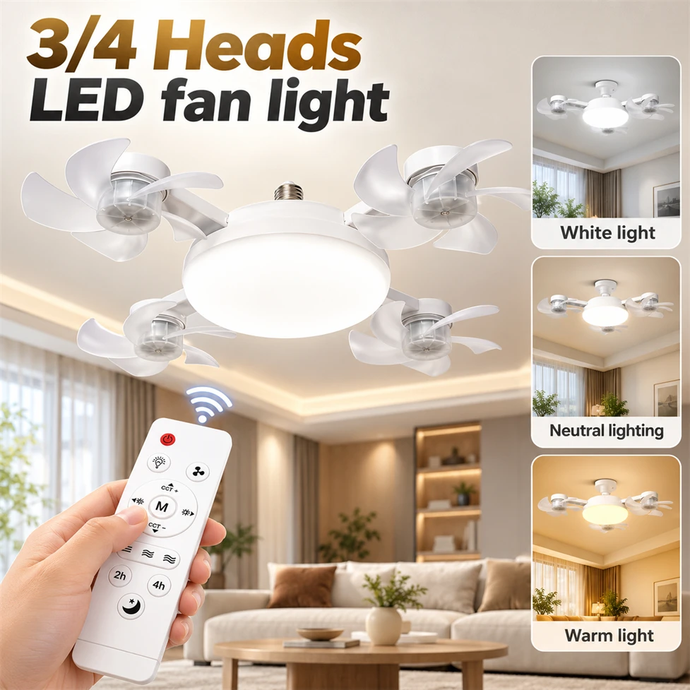 3/4 Heads LED Fan Light Drone Fan Rotatable 3color Temperature E27 E14 B22 GU10 with Remote Control for Bedroom Kitchen Home