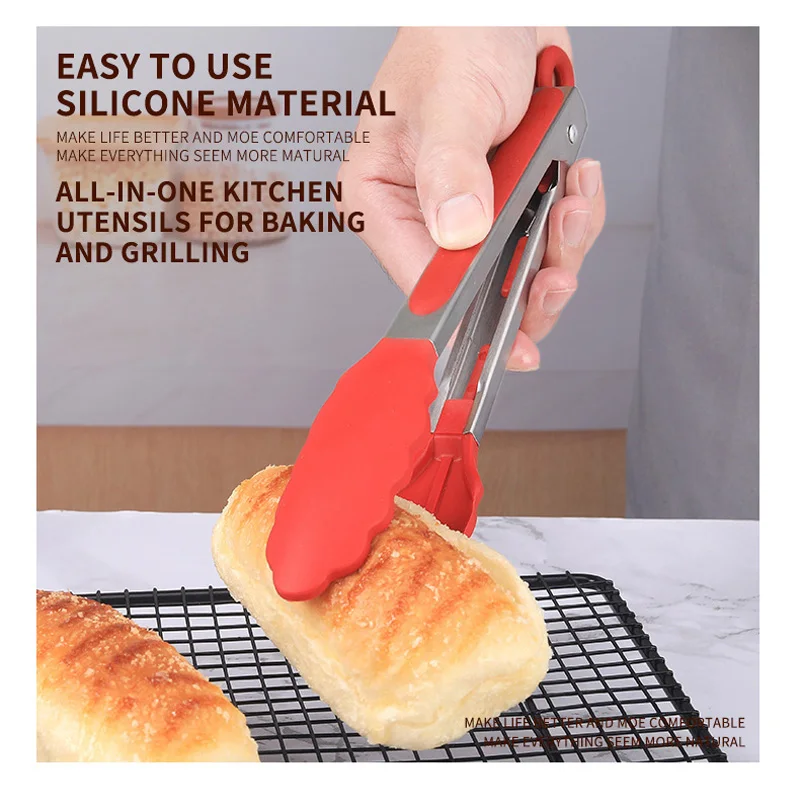 9-inch Silicone Food Tongs Grill Stainless Steel Food Grade Silicone Tip Non-slip Food Tongs BBQ Tongs Kitchen Utensils