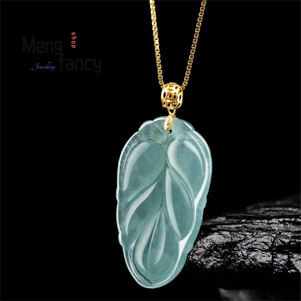 

High-grade Natural A-goods Jadeite Icy Blue Water Tree Leaf Pendant 18K Gold Buckle Head Exquisite Charms Luxury Fashion Jewelry