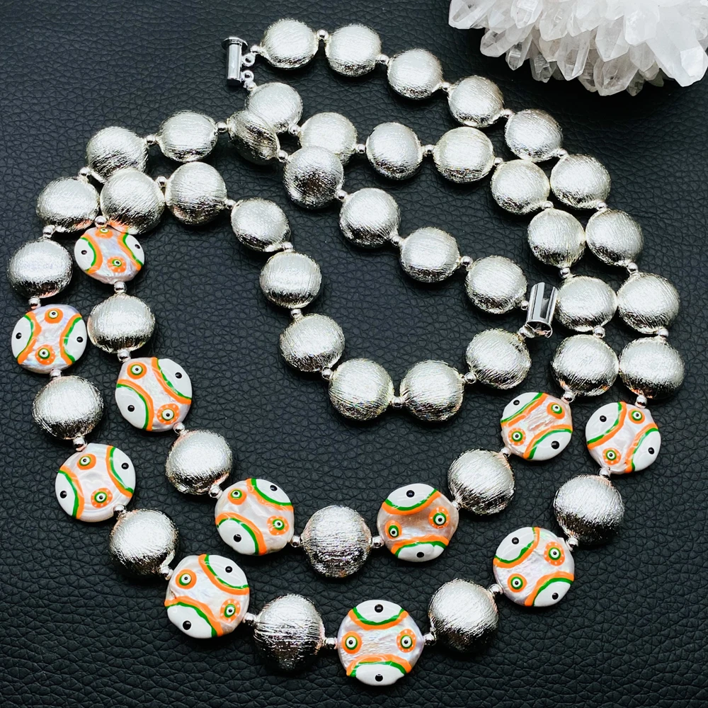 Y·YING 2 Layers Cultured White Coin Pearl Orange Green Enamel Brushed Bead Statement Necklace Jewelry