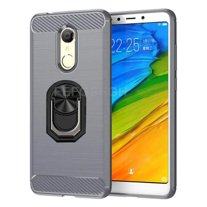 Brushed Carbon Fiber phone case For Xiaomi Redmi 5 Plus Magnetic ring holder silicone back cover For Xiaomi Redmi 5