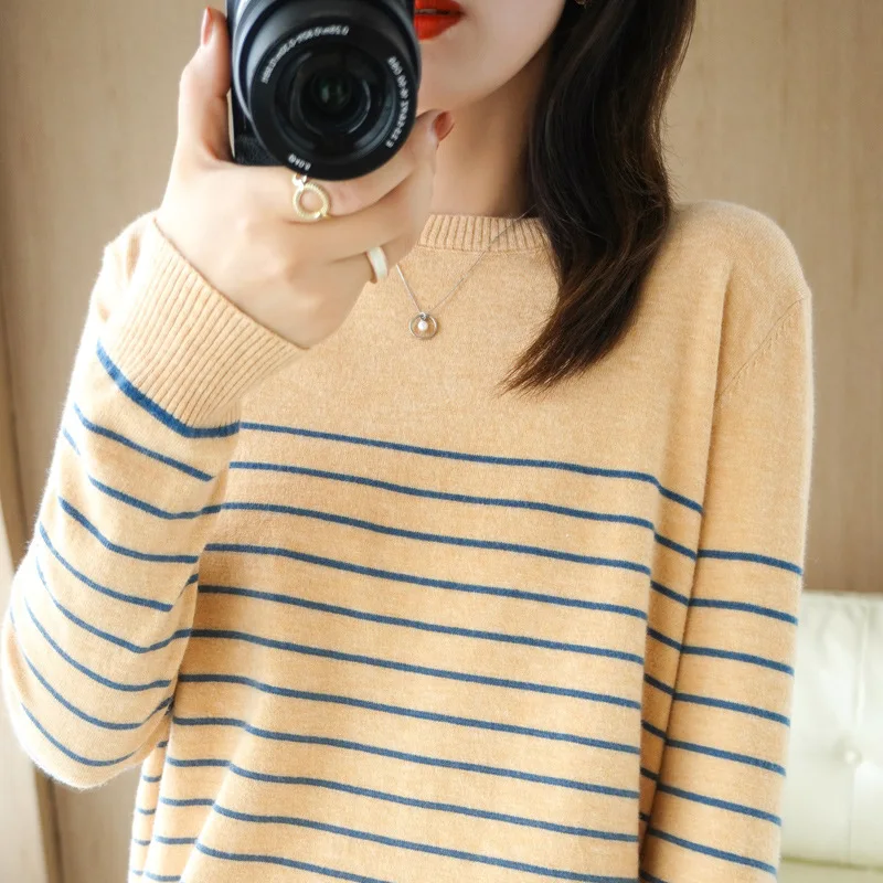 2022Early Autumn Low round Neck Half-Length Striped Sweater Women\'s Narrow Striped Long Sleeve Knitted Bottoming Shirt Slimming