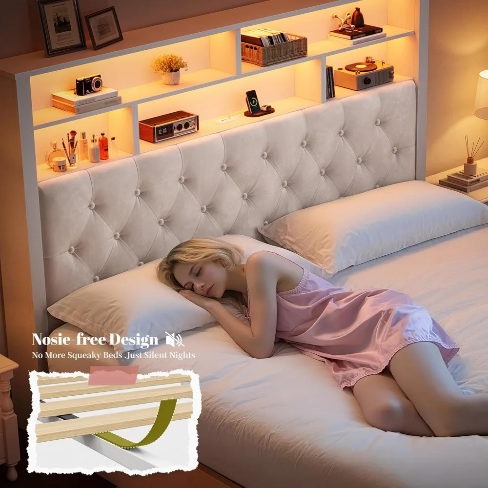 إطار سرير خشبي بحجم كوين مع مساحة تخزين، ومحطة شحن، وأضواء LED، ولوح رأسي منجد