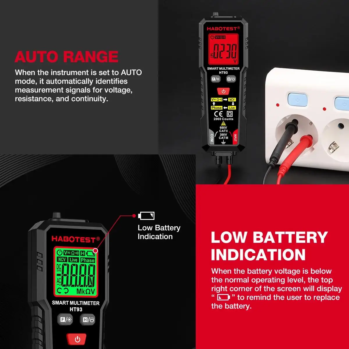 HABOTEST HT93 Digitales Multimeter Spannungsprüfer 2000 Messungen AC/DC Voltmeter True RMS NCV Phasentest Auto-Range Multimeter – Detail 10