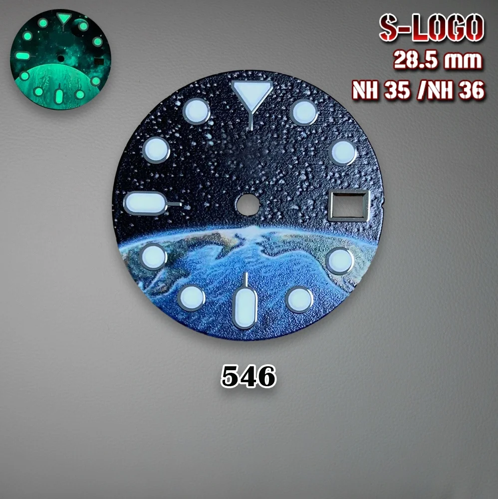 28.5 مللي متر NH35 الطلب S شعار الأرض القمر السماء المرصعة بالنجوم الهاتفي مناسبة لحركة NH35 C3 قوي الأخضر مضيئة ساعة تعديل Accessori