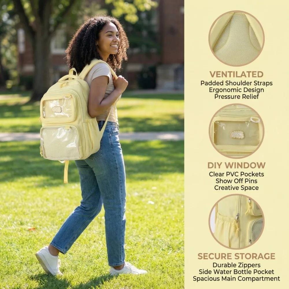 Solid Color Nylon Ita Backpack Durable Transparent Students School Bag Fixed Webbing Dustproof Large Capacity Daypack School