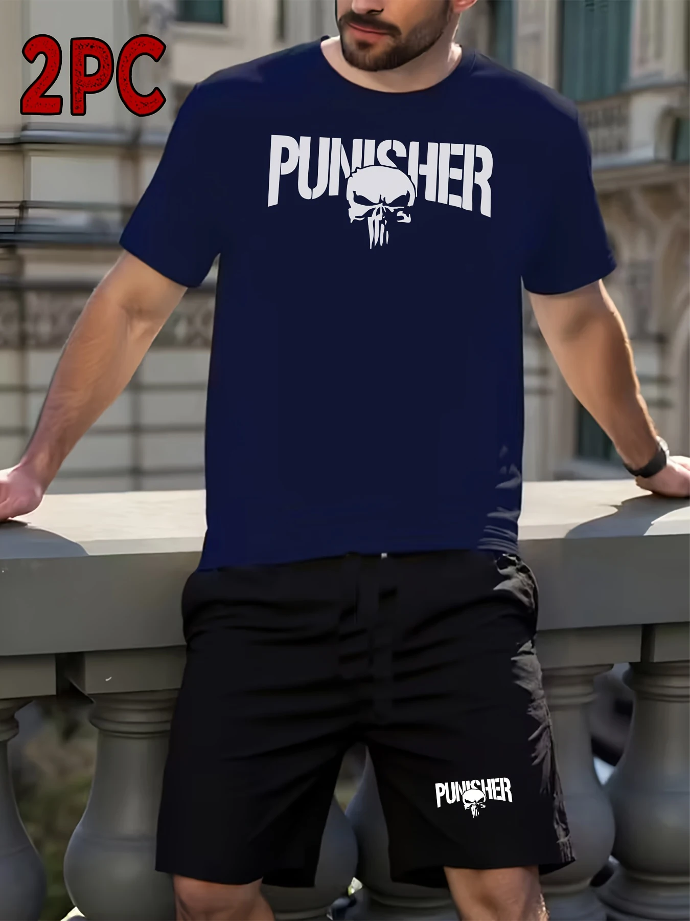 

PUNISHER Printed Men's Spring and Summer Two Pieces Set Casual Round Neck Short Sleeve T-shirt Shorts Sport Suit Print Clothing