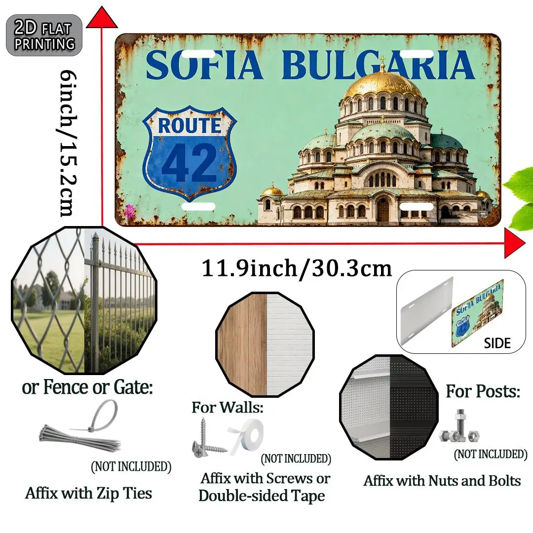 Sofia Bulgaria Route 42 Alexander Nevsky Cathedral 2D Flat Printing License Plate Style Metal Tin Sign, Bulgarian City Themed De