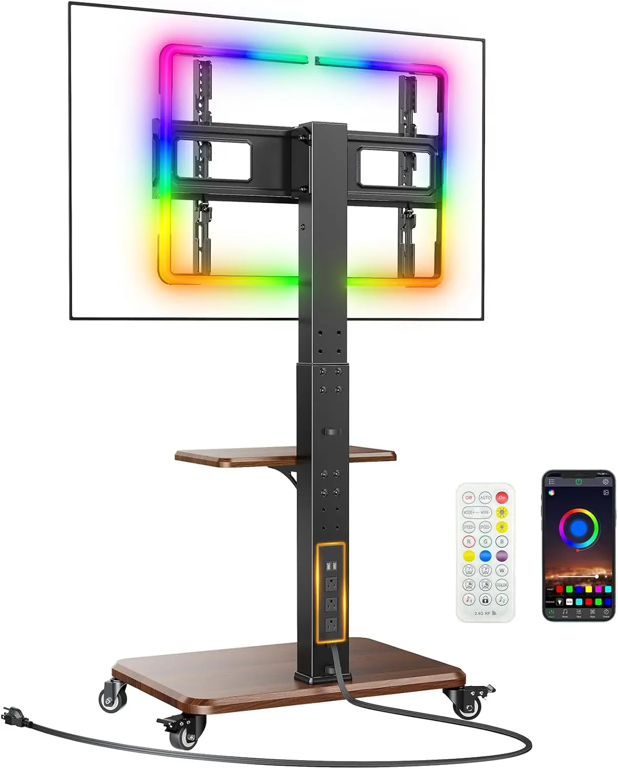 Rolling TV Stand with LED Lights for 32”-77” TVs up to 110 lbs, Mobile TV Stand with Swivel, Tilt, and 18 Height Levels, TV Cart