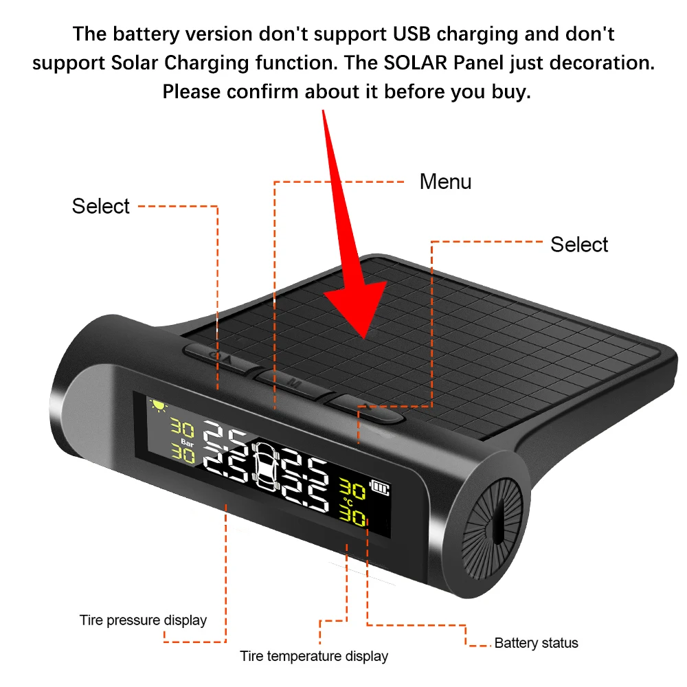 ليس بالطاقة الشمسية، نظام مراقبة ضغط الإطارات TPMS للسيارة، مجموعة إنذار أمان المركبات، 4 أجهزة استشعار، شاشة ديجيتال