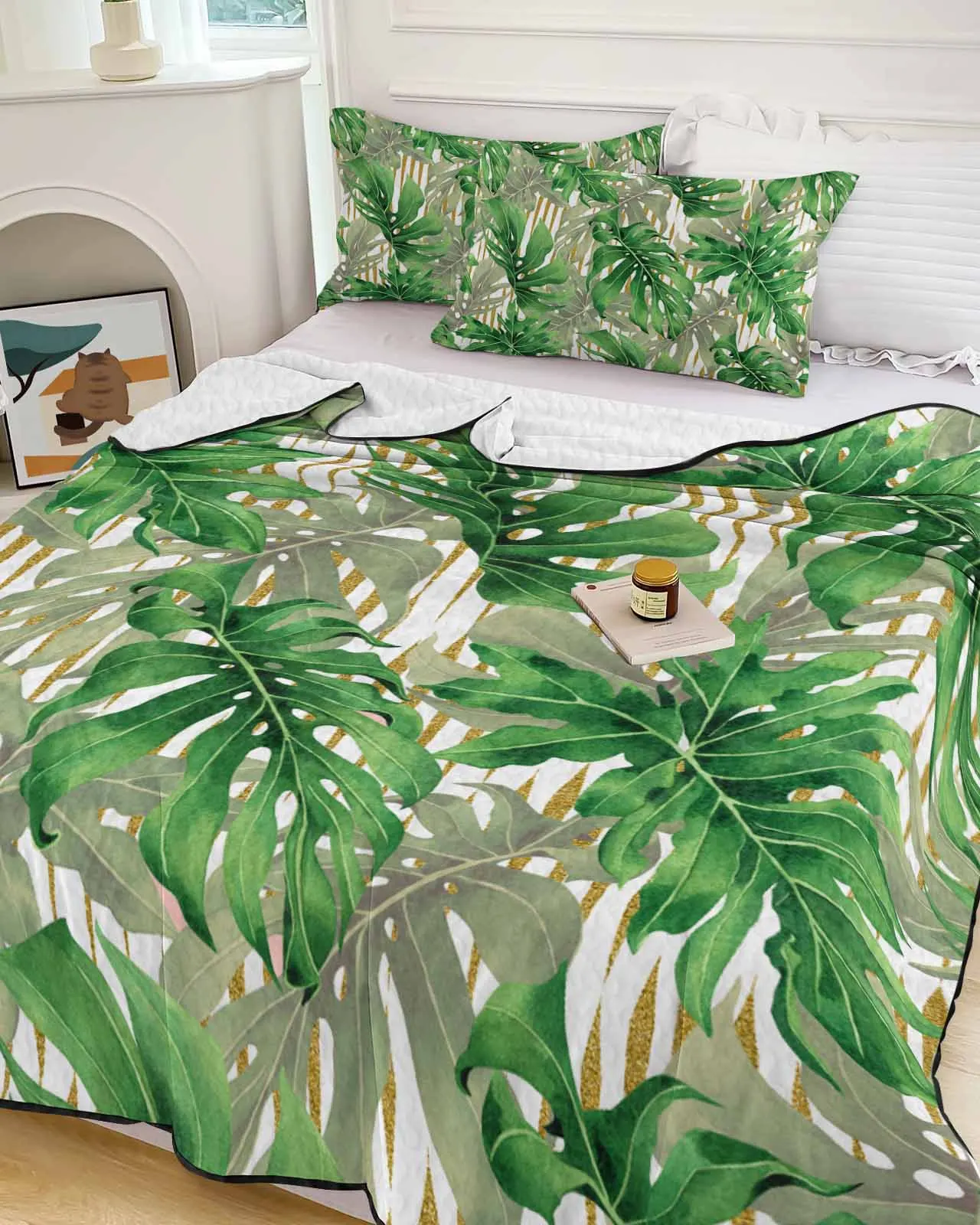 Watercolor Tropical Plant Turtle Back Palm Leaves Summer Cooling Quilt Air Condition Blanket Comfortable Lightweight Thin Quilt