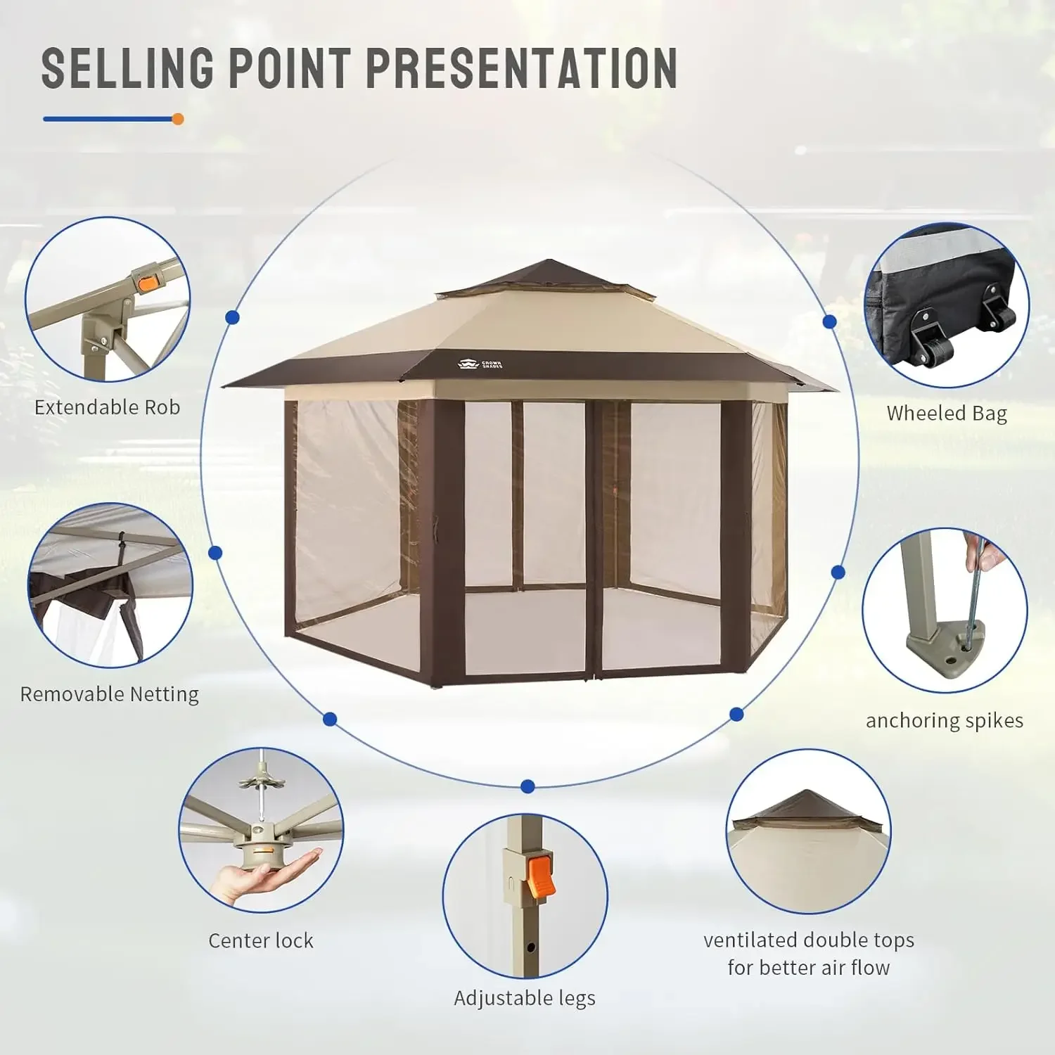 شرفة شرفة محمولة مقاس 13 × 13 قدم مع ناموسية، خيمة فناء مقاومة للأشعة فوق البنفسجية مكونة من 6 جوانب باللون البيج والقهوة