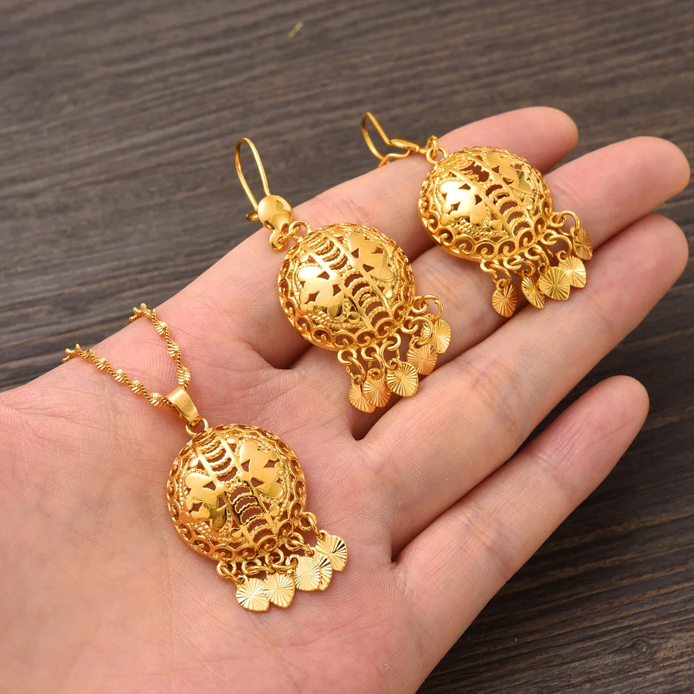 Dubai Gold Color Necklace Earring Set Party Jewelry Sets Round Gift Charms Girls Kid Jewelry