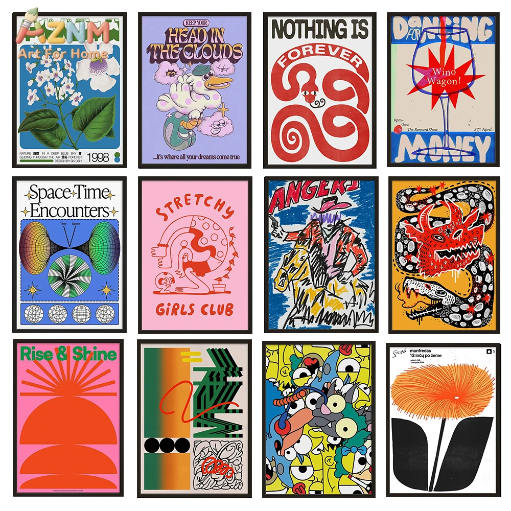 

AZNM Retro Groovy Canvas Wall Art Print, Frameless Single Panel Funky Cartoon & Typography Illustration Poster, Colorful 70s Sty