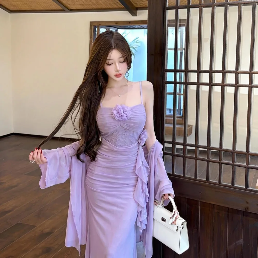 

Summer Lace Splice Netting 3D Flower Slim Fit Pleated Beach Vacation Strap Dress Two Piece Set Women's Fashion Casual Outfits