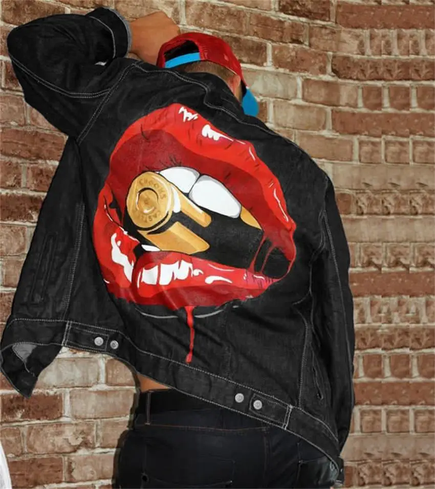 New Stylemen's Denim Jacketmen's 2024 Autumn/Winter New Hip Hop Rock Street Fashion Personality Lip Bite Bullet Print Moto Punk
