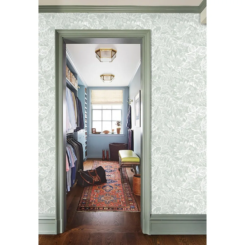 ورق جدران أخضر قابل للتقشير واللصق 17.3 × 590 لغرفة نوم الحمام - تصميم زهور بيضاء حديثة، شركة ديكور ذاتية اللصق قابلة للإزالة #6