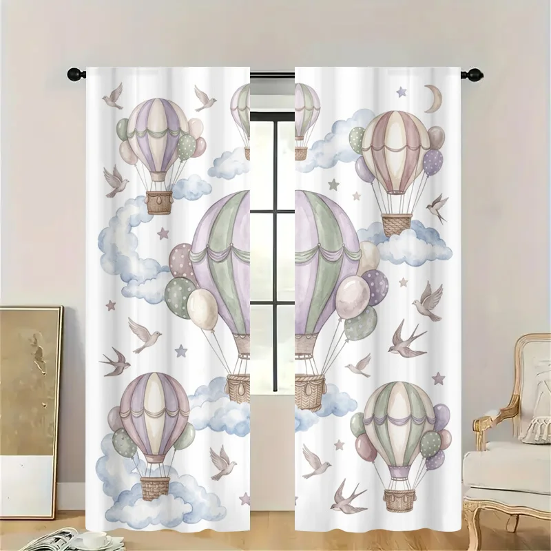 Pastel Hot Air Balloon Curtain Window Curtains Watercolor Sky Cloud Balloon Shower Room Panel Light Filtering Aesthetic Nursery
