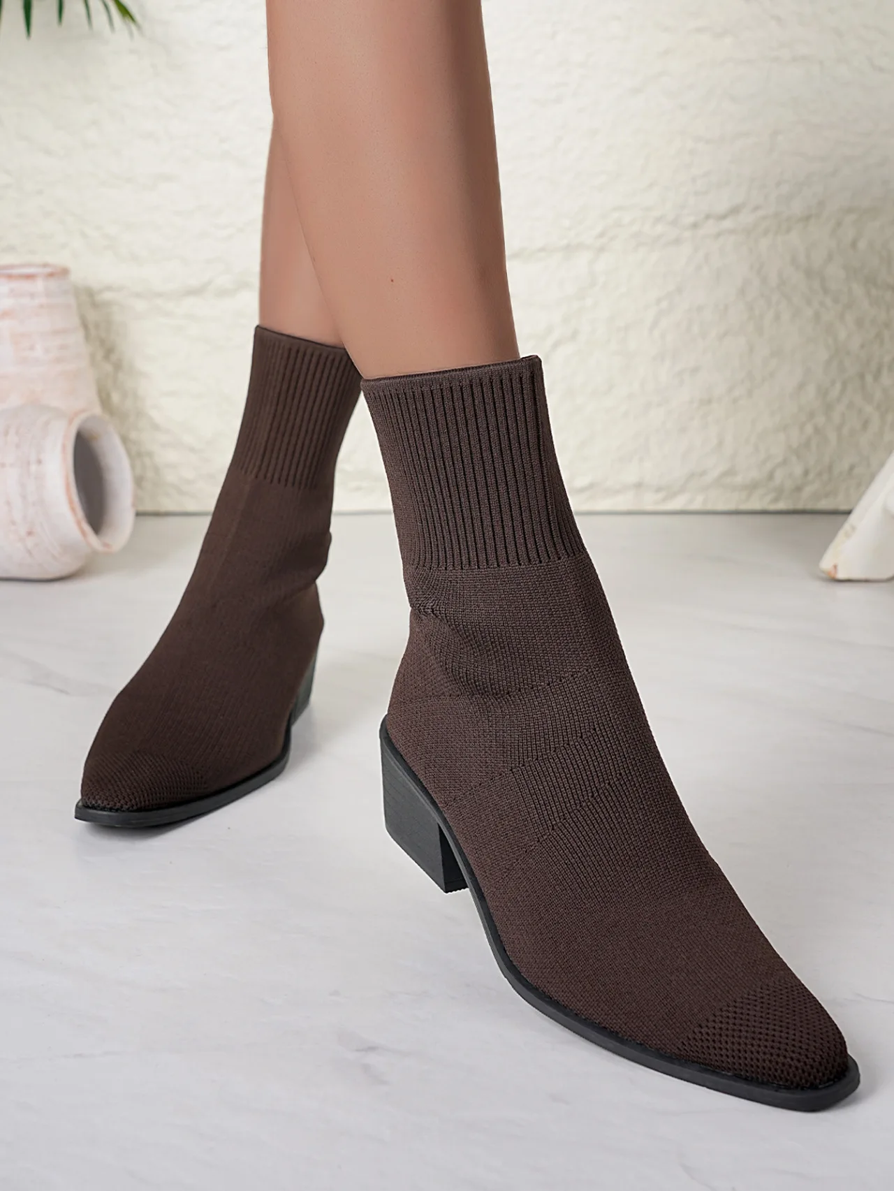 Sexy Spitzschuh, dicker Absatz, Sockenstiefel für Damen, 2025, Winter, bunt, elastisch, gestrickt, Designer-Stiefeletten, kurze Stiefeletten für Damen – Detail 5