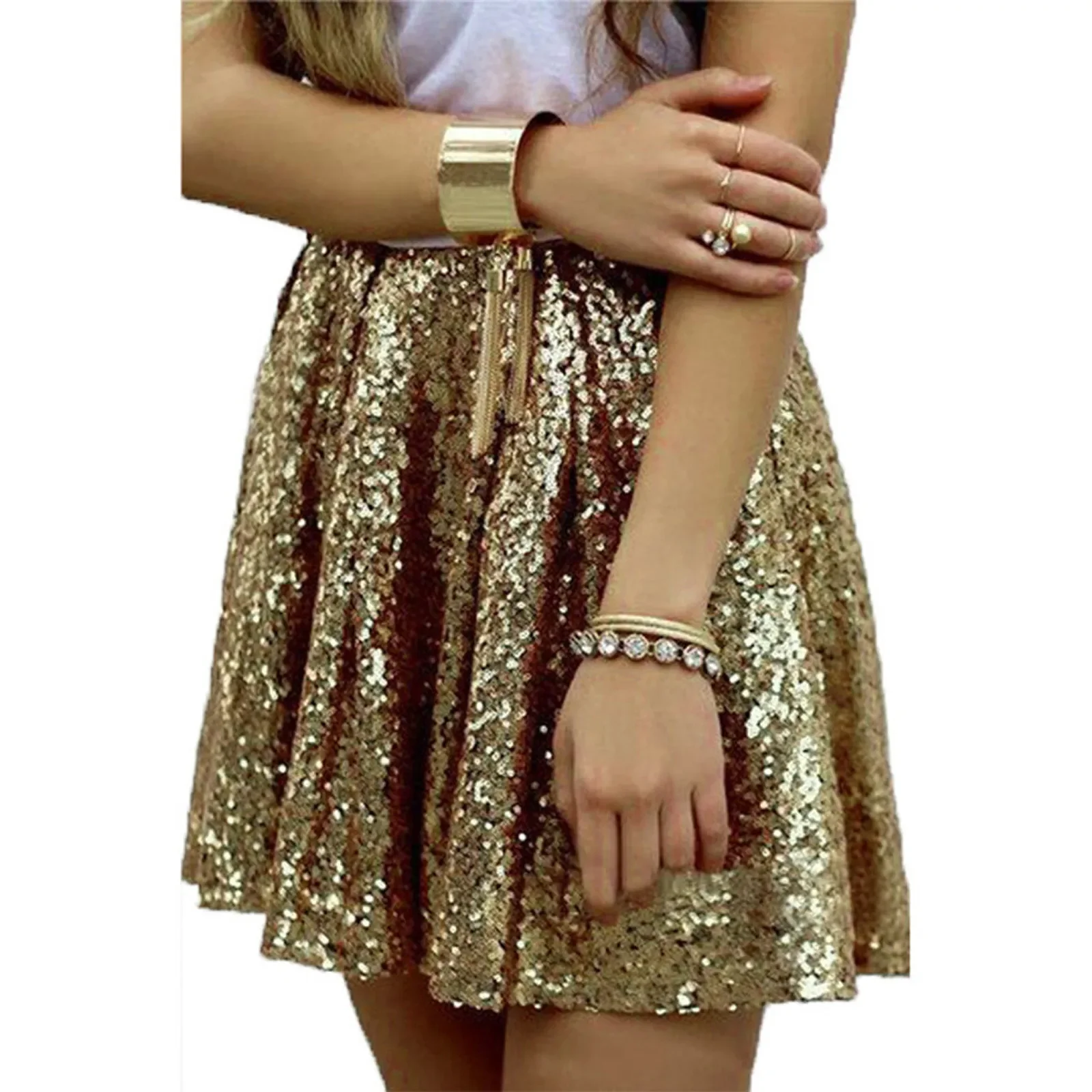 Women's Fashion High Waist Pleated Gold A-line Short Skirt Loose Sequin Skirts Party Pleated Skirt Night Club Dance Mini Skirt