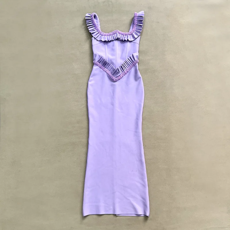 2025 Elegante abito da sera da club da donna Celebrity Sexy O Neck Ruffles Viola Perline Maxi abito lungo aderente dalla fasciatura