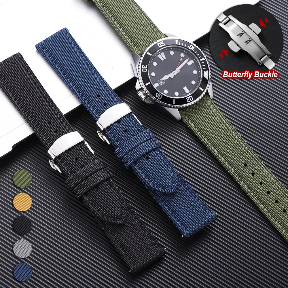 20mm 22mm Quick Release Nylon Watch Strap Butterfly Buckle Two Sided Sailcloth Band for Omega for Seiko for Blancpain Bracelets