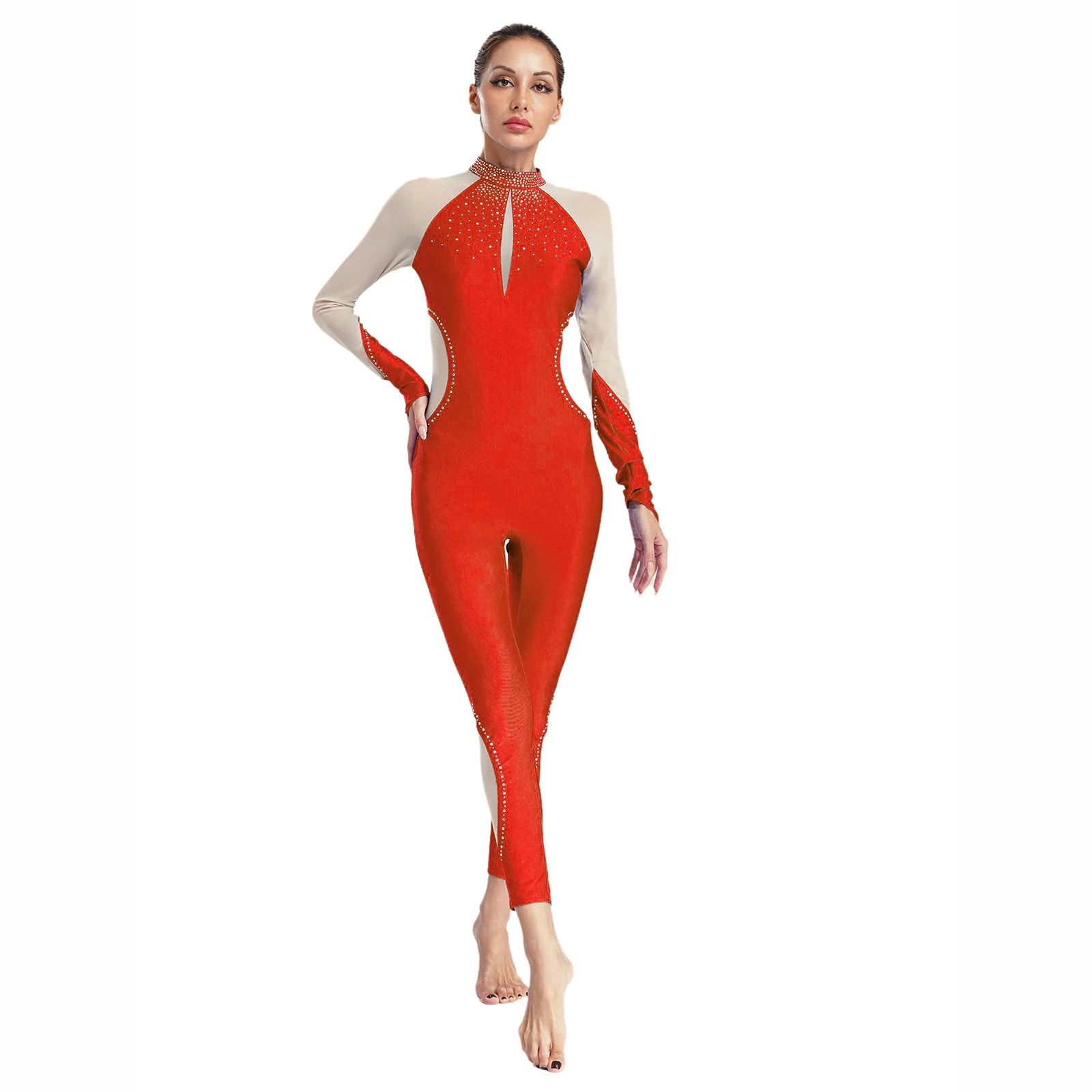 

Womens Shiny Rhinestone Sheer Mesh Leotard Ballet Unitards Costume Gymnastics Acrobatics Figure Skating Ballet Leotard Jumpsuit