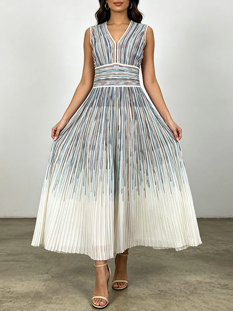 2026 summer women's clothing retro gradient colorful striped v-neck knitted dress fashion elastic waist sleeveless sundress