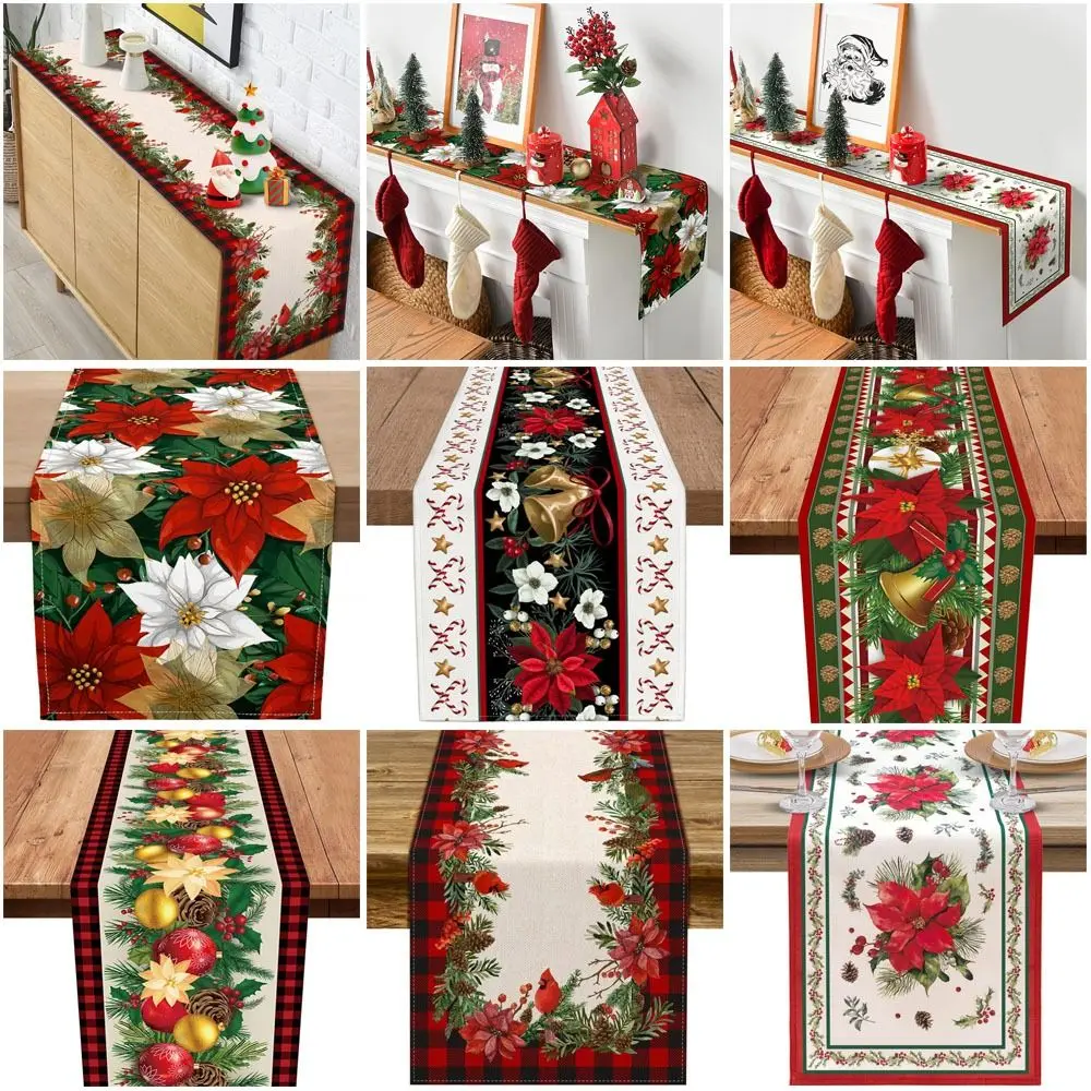 Poinsettia Flower Pattern Christmas Table Runner Long Length Rectangular Shape Holiday Linen Runner Linen Material