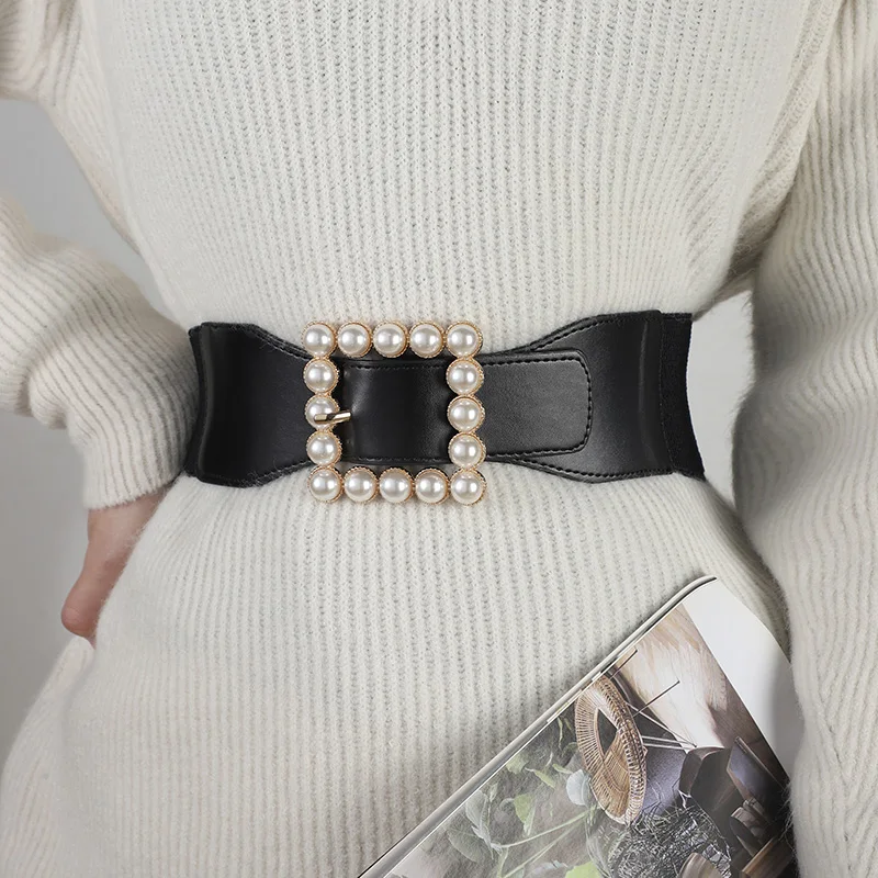 Belt women's decorative temperament pearl elastic new black suit wide dress waist seal fashionable ins style belt