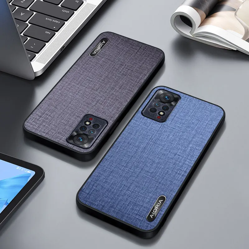 Metal Logo Phone Case For Xiaomi Redmi Note 11 Pro 11S 5G 4G Imitation Fabric Design With Precise Phone Button Back Cover